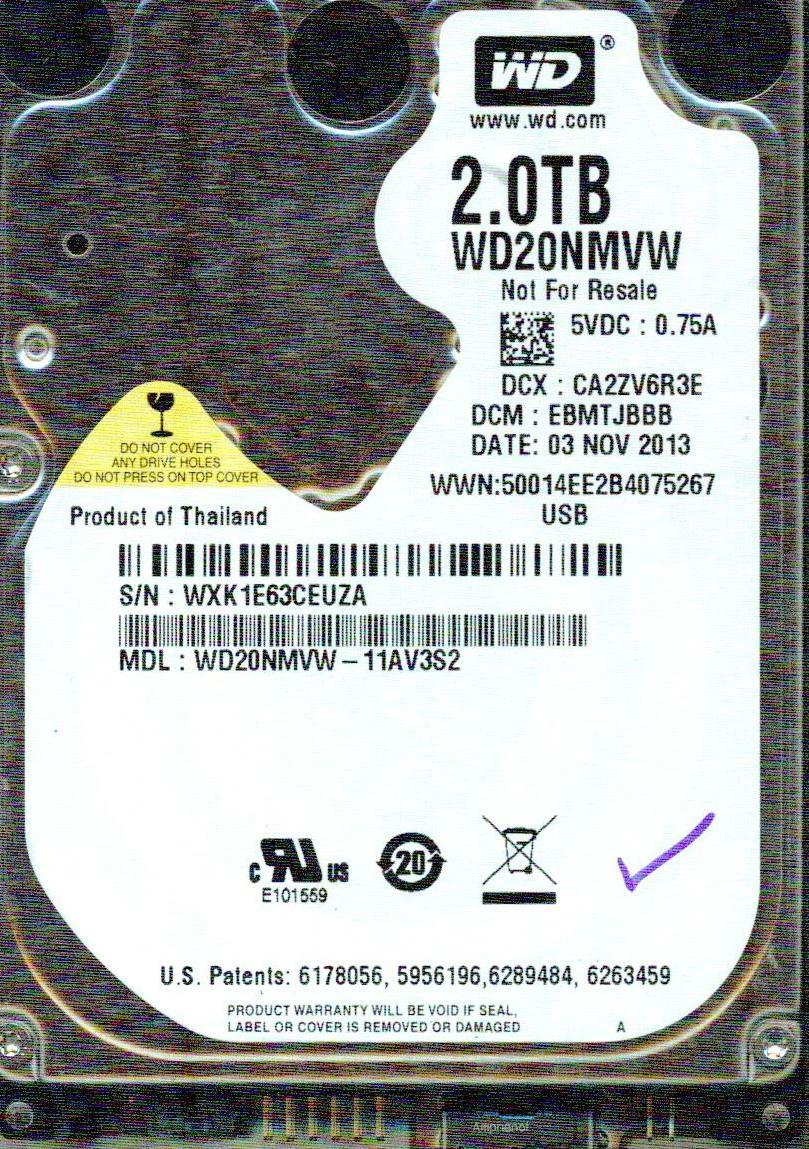 WD20NMVW-11AV3S2,  DCM: EBMTJBBB  WESTERN DIGITAL 2TB, USB 3.0  WXK1  NOV 2013
