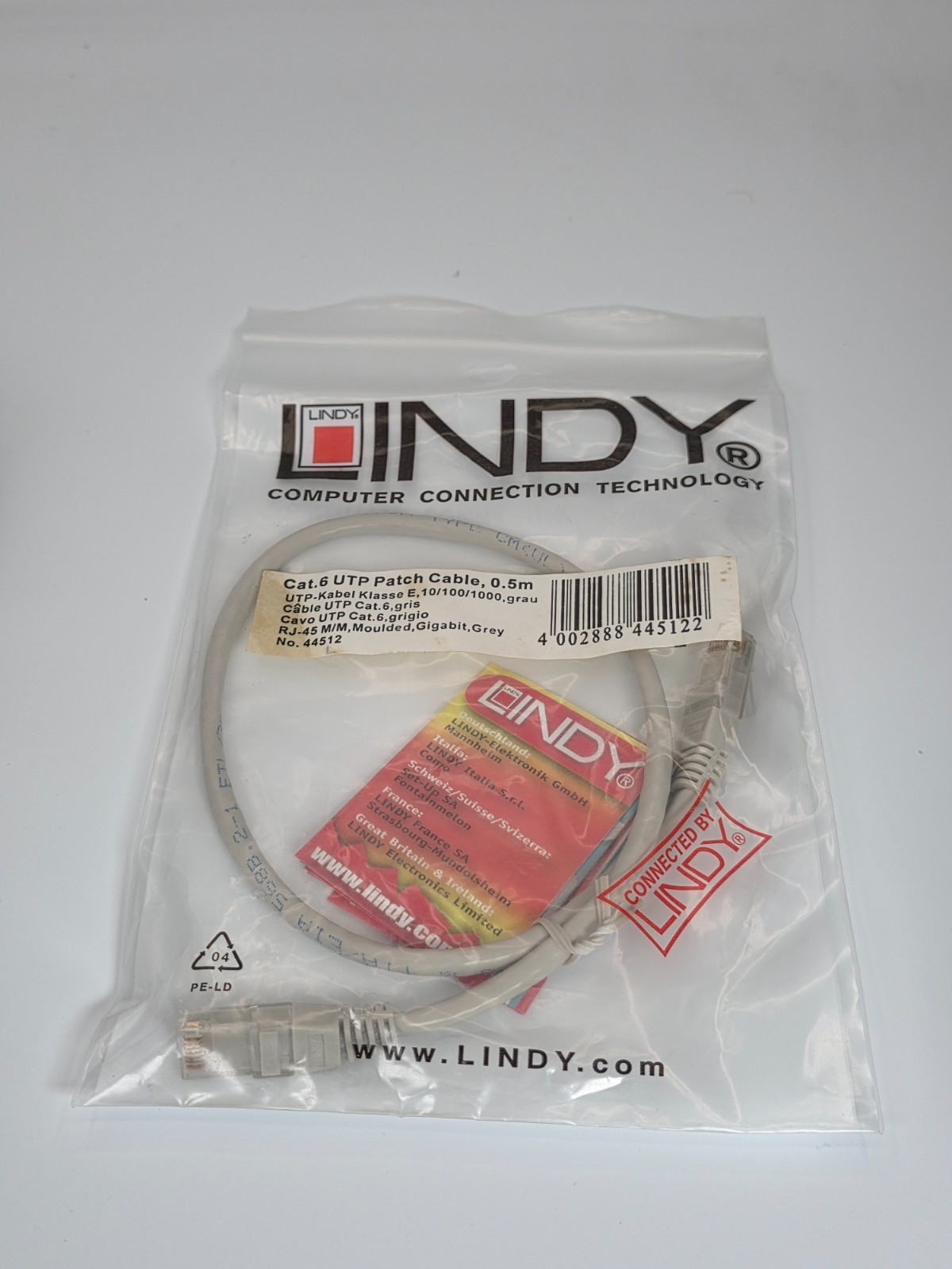 CAT 6 UTP Patch Cable Grey (0.5M)  RJ45 - Lindy  - New - Unopened