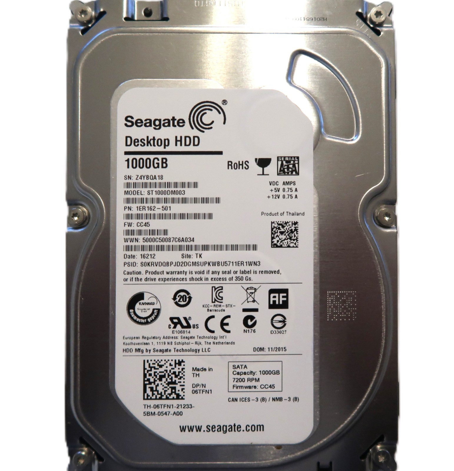 Seagate ST1000DM003 1ER162-501 CC45 (Z4Y) TK Thailand 3.5" 1TB HDD Sata 11/2015