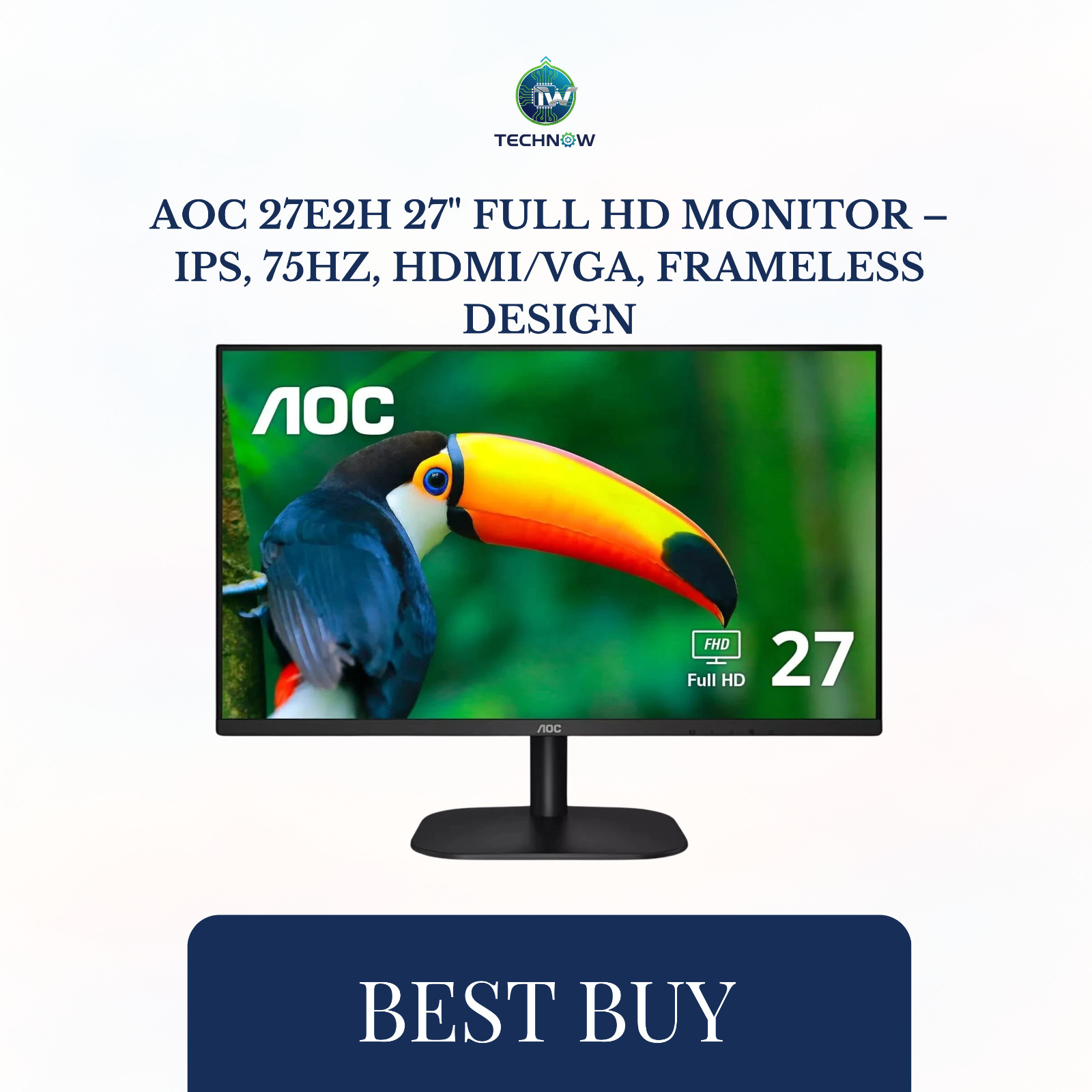 AOC 27E2H 27" Full HD Monitor – IPS, 75Hz, HDMI/VGA, Frameless Design