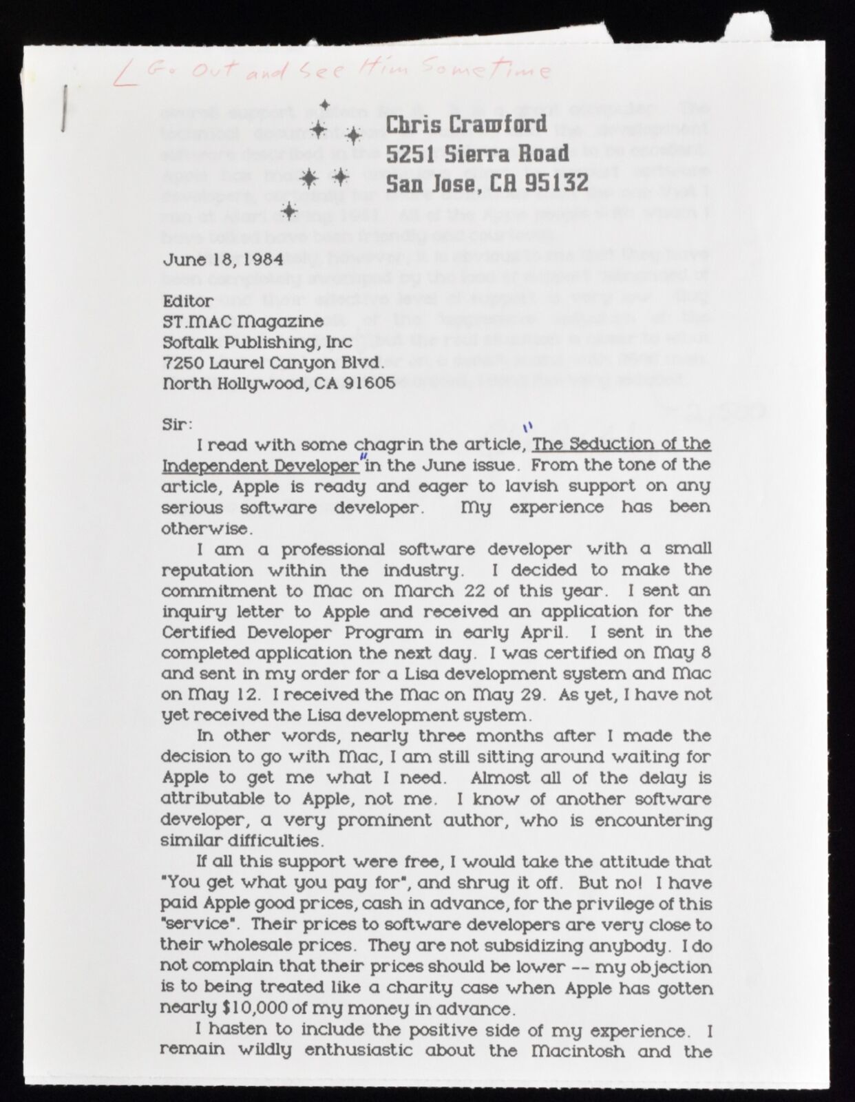 c1984 Softalk Magazine ST MAC Letter to Editor Chris Crawford cc: Guy Kawasaki