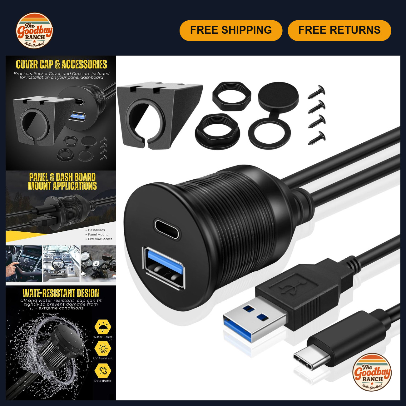 Dual USB 3.0 Flush Panel Mount Extension Cable for Car Dash - 6ft, Easy Install