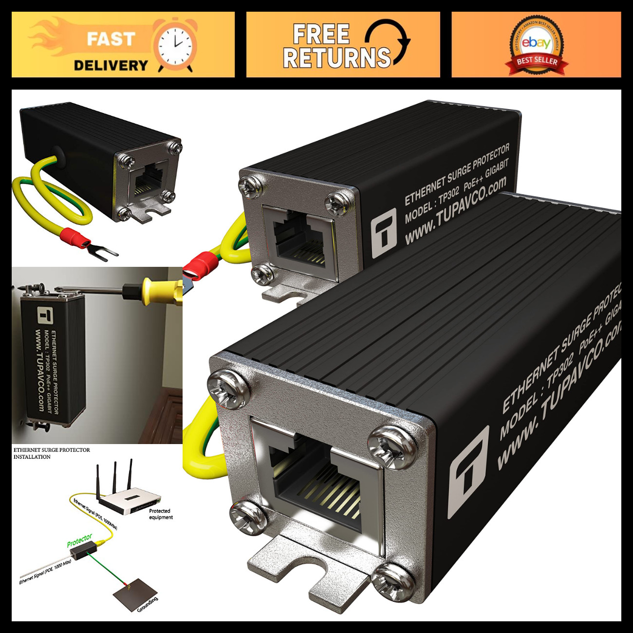 Ethernet Surge Protector - Gigabit & PoE++ Compatible, 2 Pack, Network Safety De
