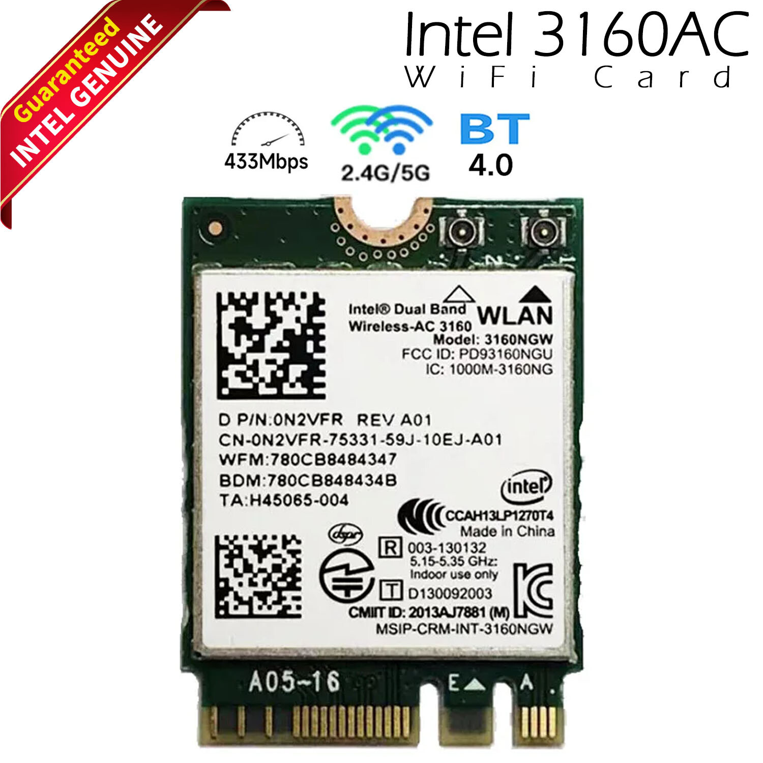 Genuine Intel Dual Band Wireless-AC 3160 3160NGW Bluetooth WLAN WiFi Card N2VFR