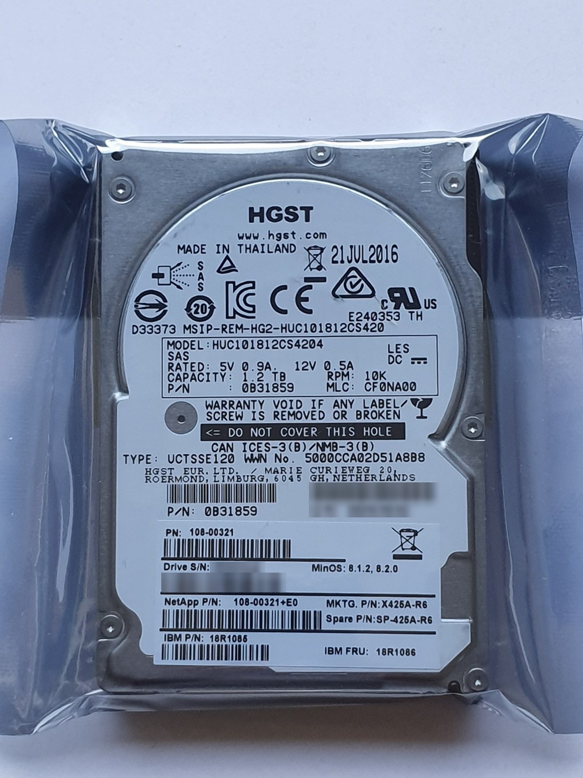 1.2TB SAS NetApp HGST HUC101812CS4204 X425A-R6 0B31859 10000rpm 12Gb/s 2.5" New