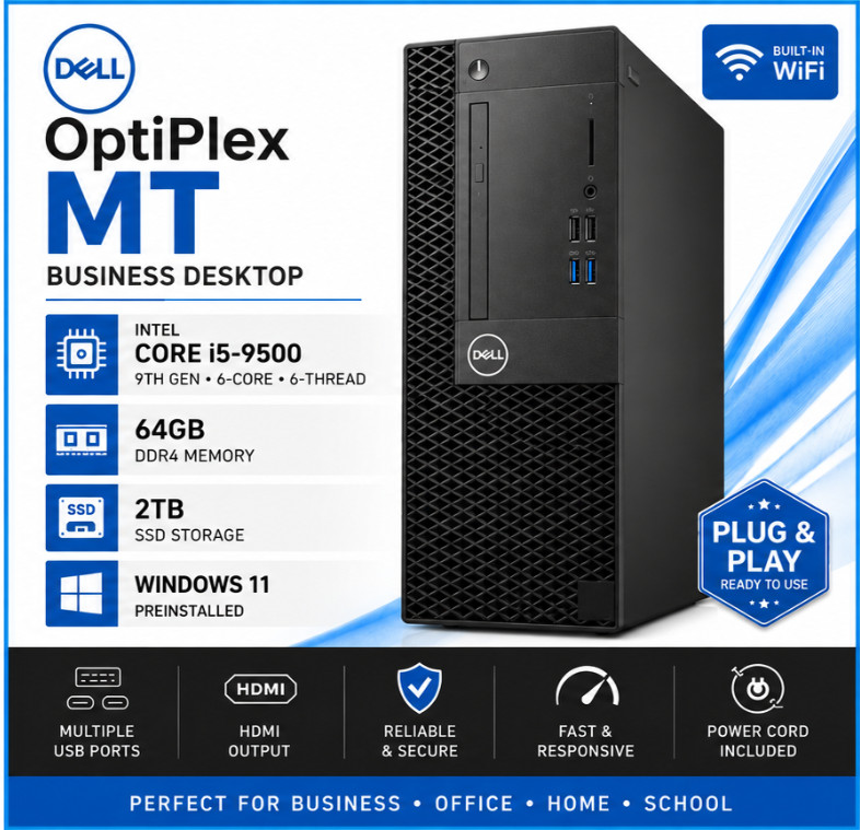 Dell OptiPlex MT Tower Intel i5-9500 64GB 2TB SSD WIN11 Desktop PC W/Office DVDR