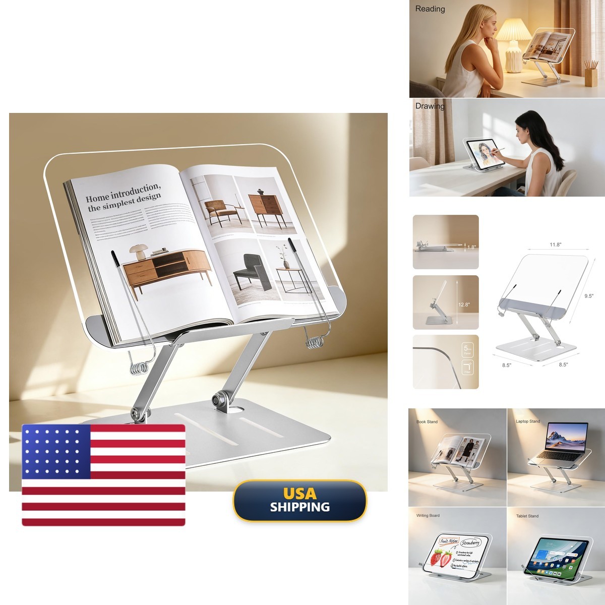 UBRINEXY Acrylic Book Stand Adjustable Hands-Free Book Holder for Reading