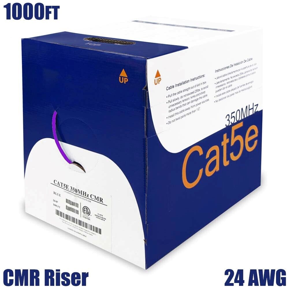 1000FT Cat5E Network Ethernet UTP Cable CMR Riser Solid Copper Wire 24AWG Purple