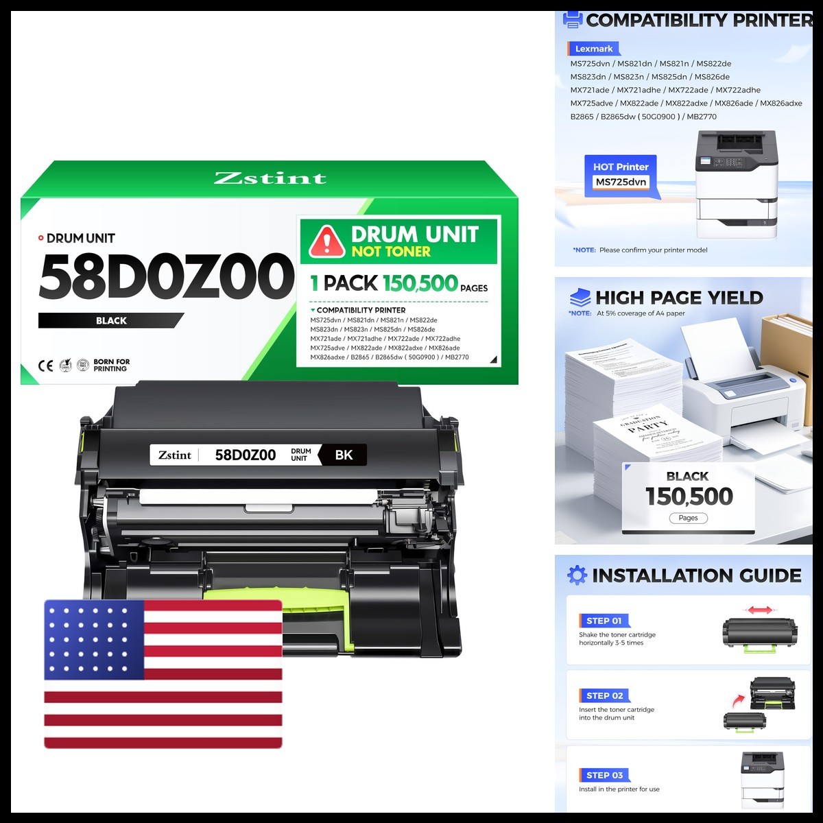 58D0Z00 Imaging Drum Unit Replacement for Lexmark MS725 MS821 MS822 MX721 MX722
