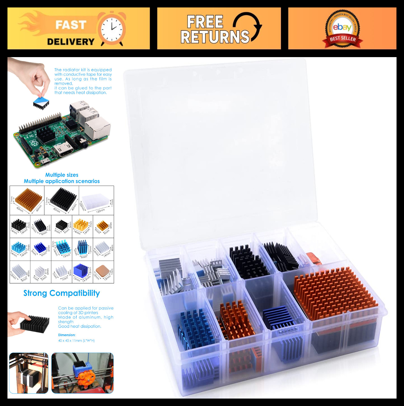 102pcs Heatsink Kit with Adhesive Tape - Cooling for Raspberry Pi, CPU, GPU, LED