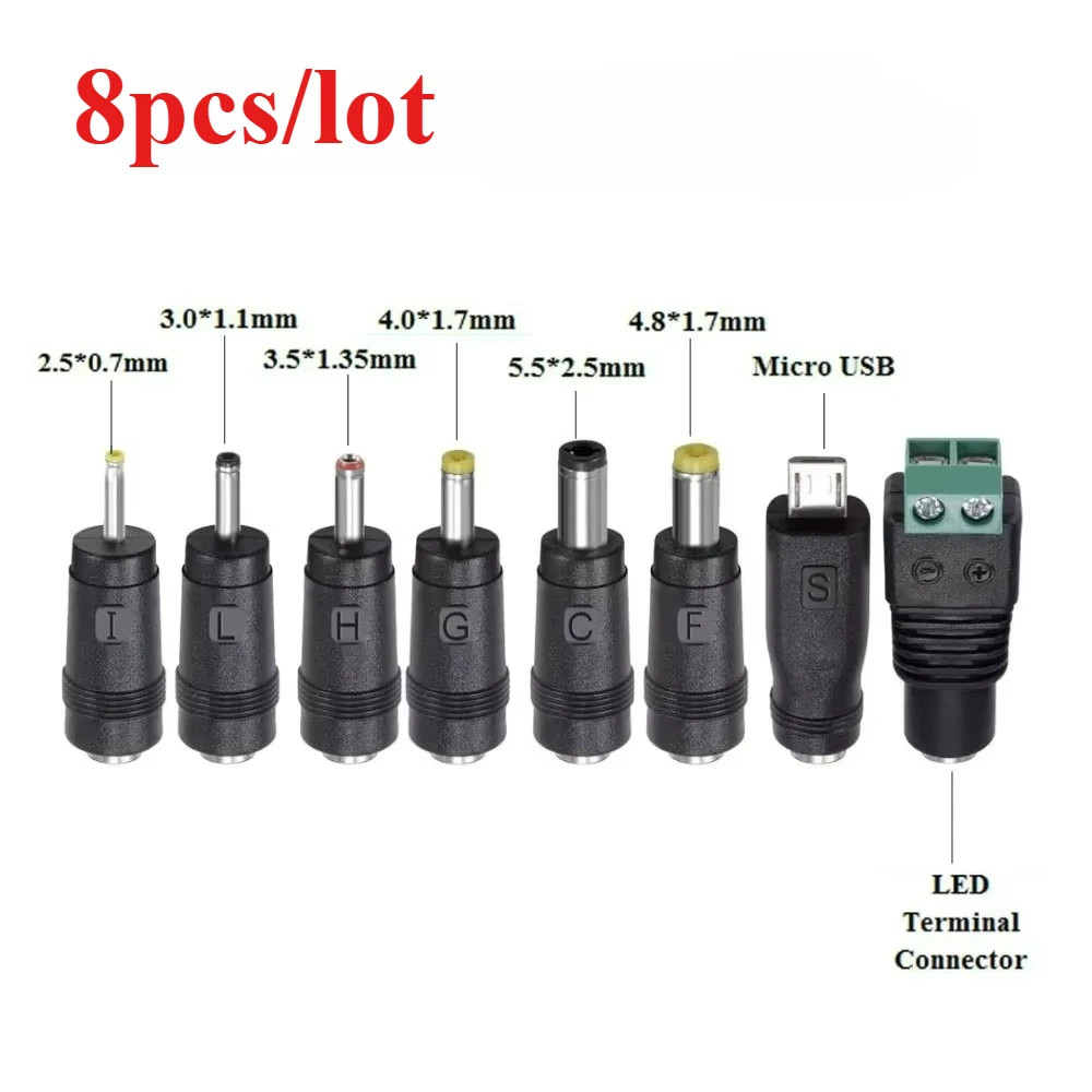 8Pcs 5.5x2.5mm Universal Power Jack Kit for Laptop/LED/Micro USB Adapters
