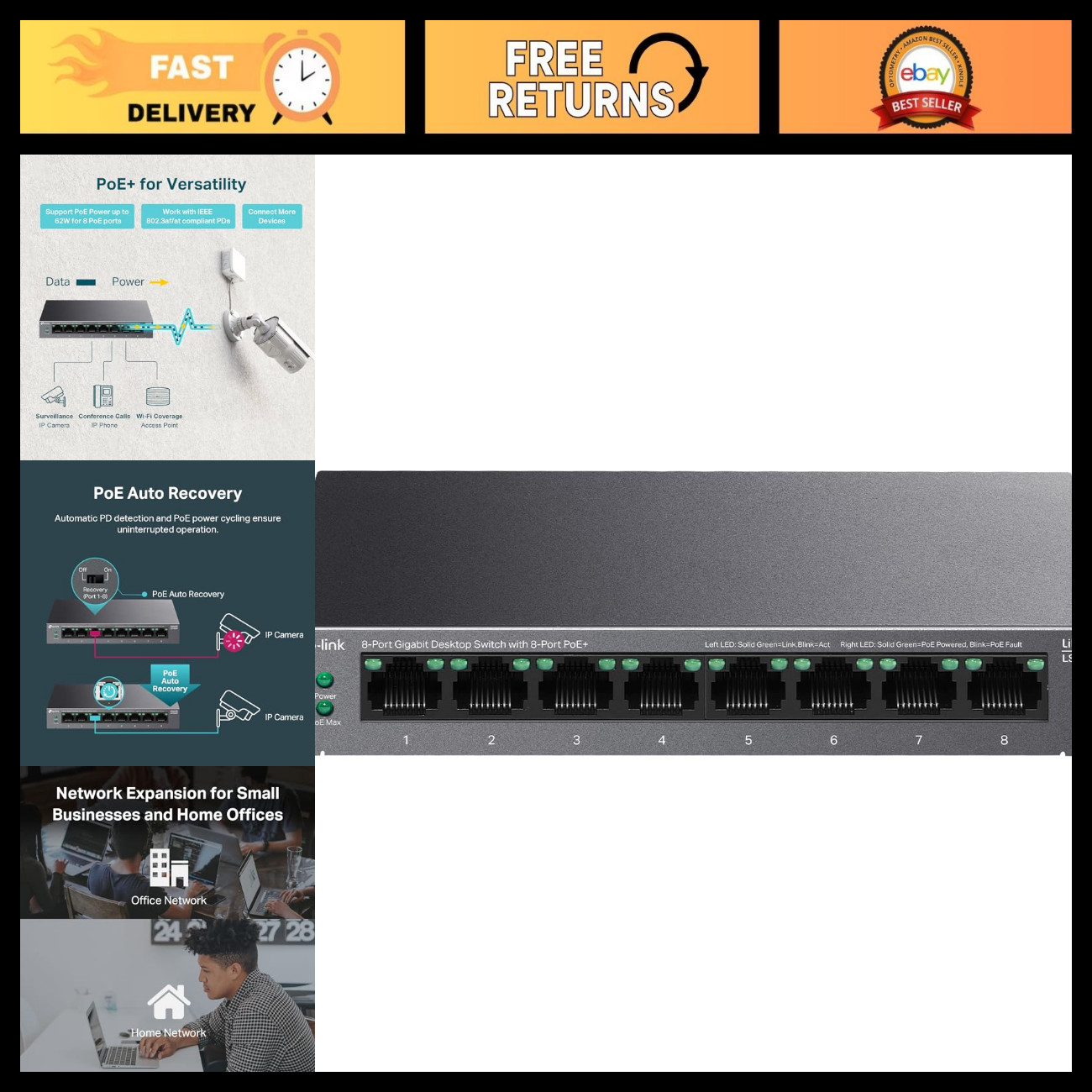 8-Port PoE Gigabit Ethernet Switch, Managed Network Hub, Plug & Play, Power Over