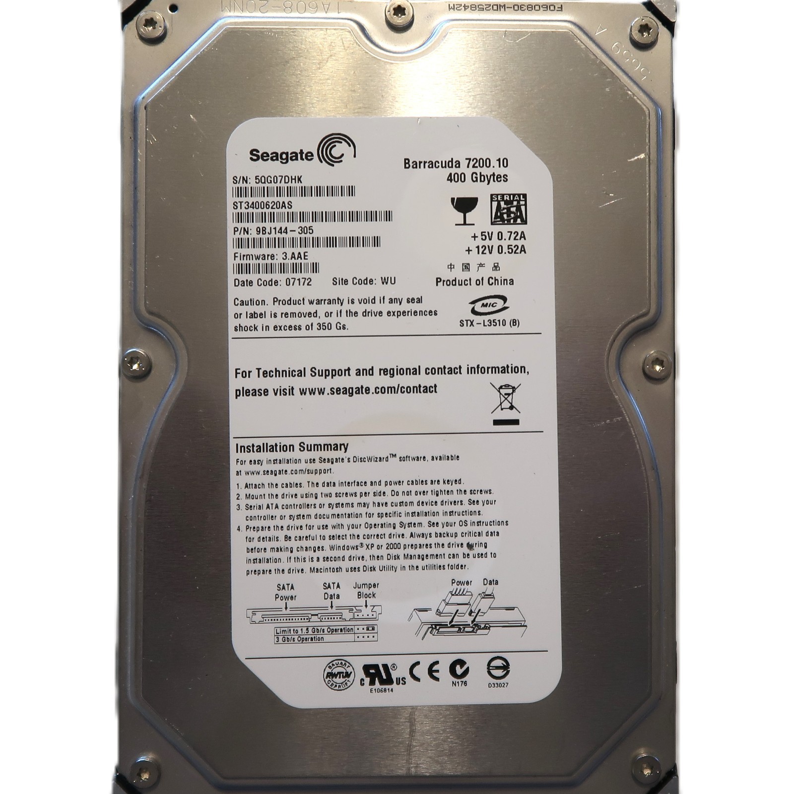 Seagate ST3400620AS 9BJ144-305 3.AAE (5QC) WU China 3.5" 400gb Sata HDD OCT/2006