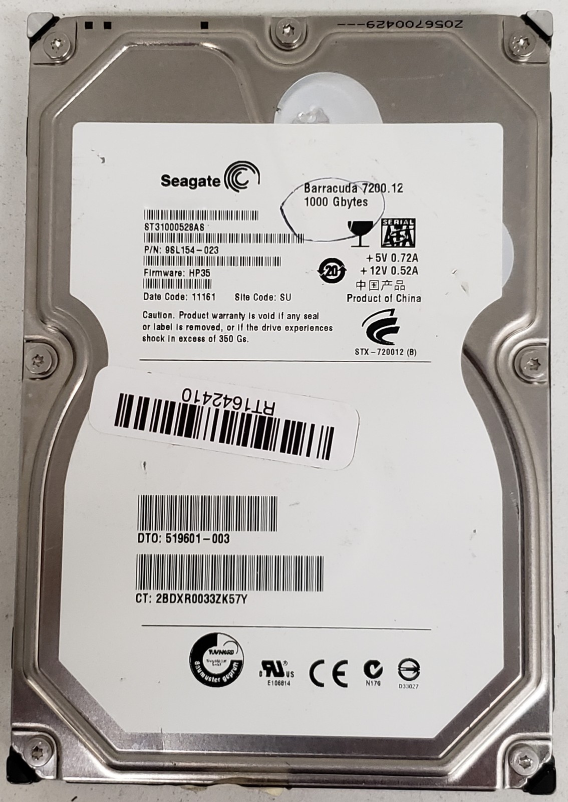 Seagate Barracuda ST31000528AS 1TB 3.5" SATA 6Gb/s 7200RPM HDD P/N 9SL154-023.