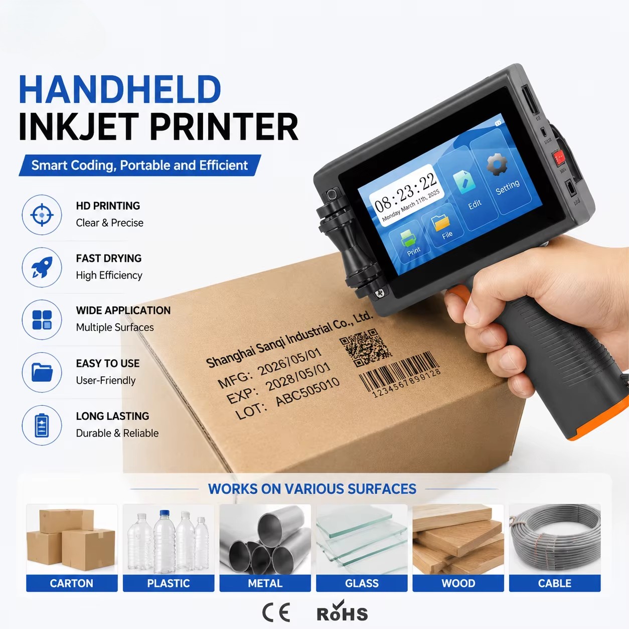 Inkjet Handheld Coder 12.7mm Date Code QR Code Barcode for Paperboard Box