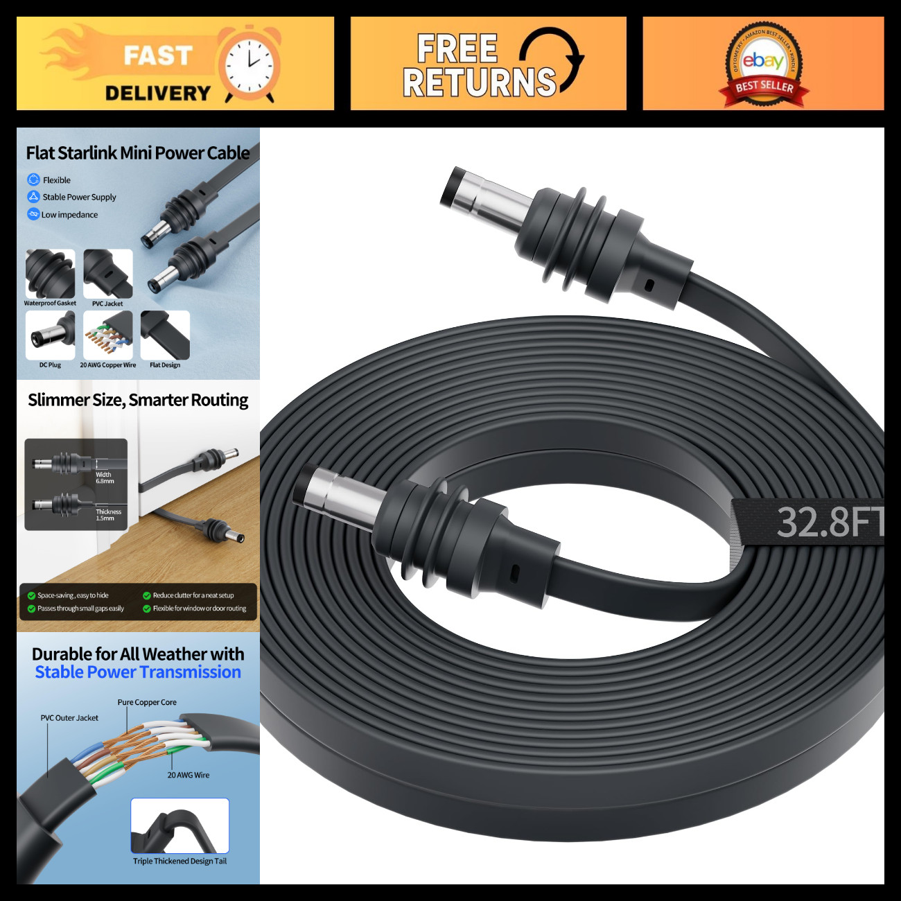 32.8FT DC Power Cable Replacement for Starlink Mini - Flat Design, Durable & Fle