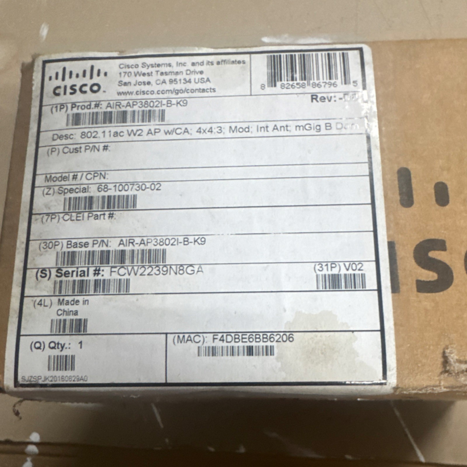 Cisco AIR-AP3802I-B-K9 Wireless-Wi-Fi 802.11ac Wave 2 Access Point Device