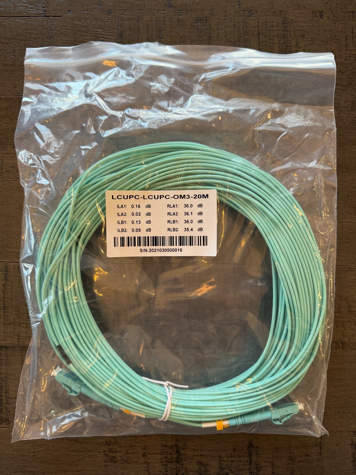 LCUPC to LCUPC DUPLEX OM3 multimode corning glass fiber jumper 20M 10G  NEW