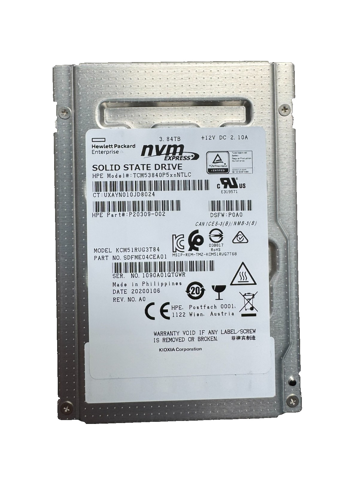 HPE Toshiba KIOXIA 3.84TB 2.5" PCIe Gen3.0 x4, NVMe SSD/NEVER USED/New-Open Box