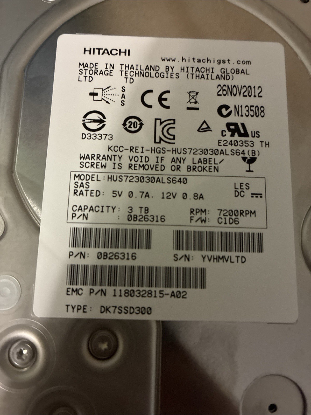 EMC 005049453 118032815-A02 0B26316 HUS723030ALS640 3TB 7.2K SAS HDD