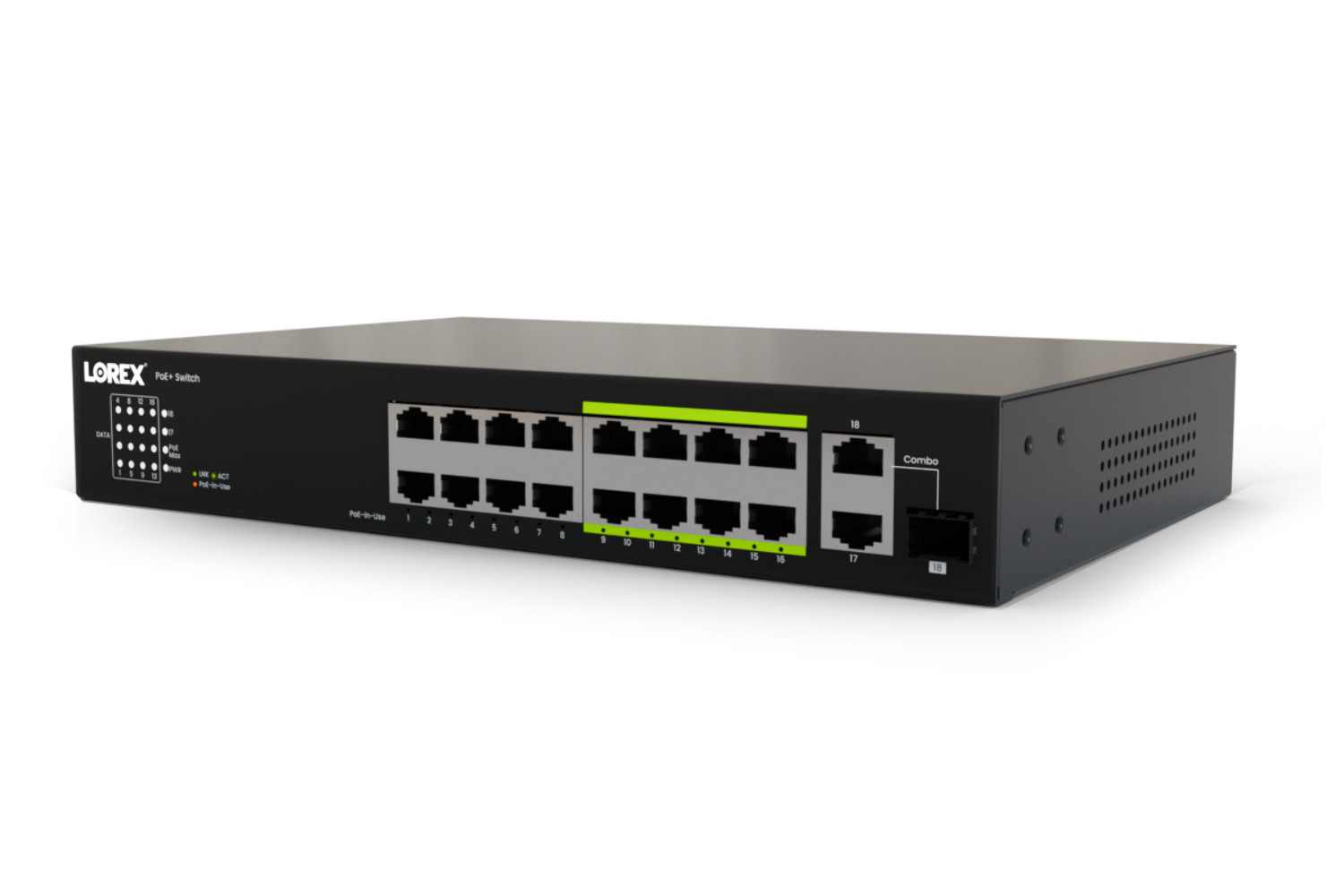 Lorex 16-Port Unmanaged Switch (8-port ePoE and 8-port PoE+) and 250W Power Budg