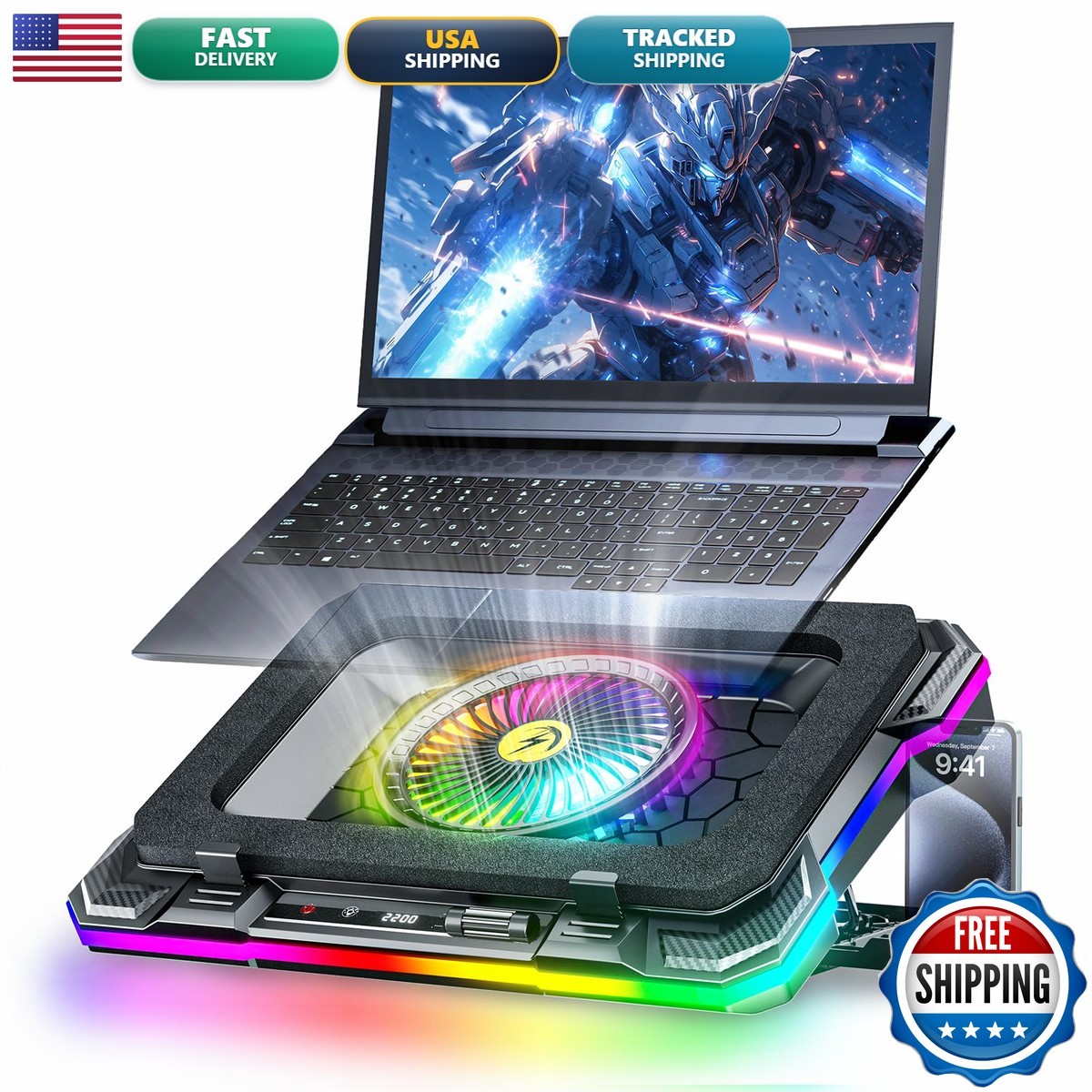 KeiBn K1-5V RGB Laptop Cooling Pad 5.5in RGB Fan 15.6-19.3in 8 Height Stands