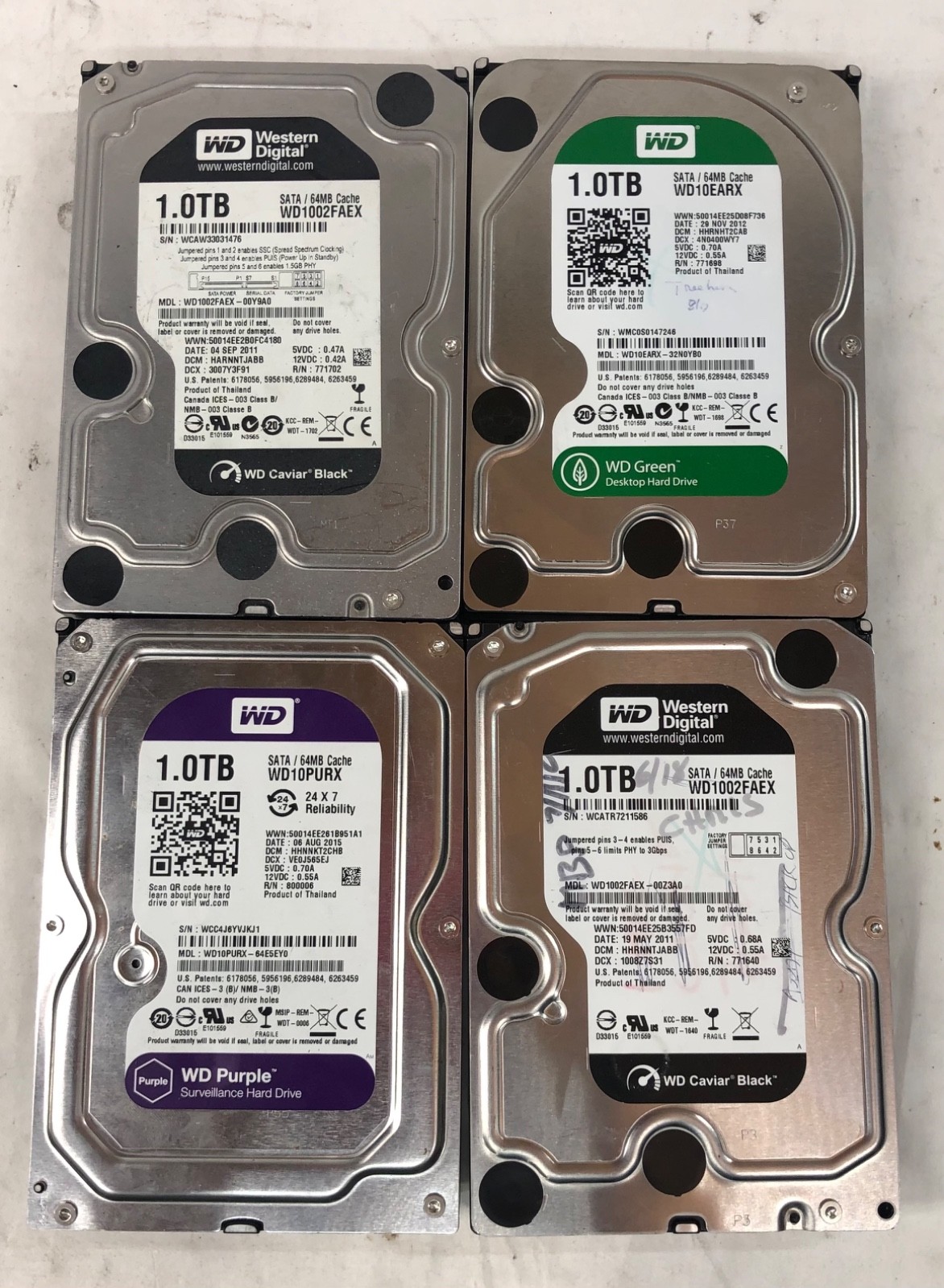 WD 1TB 3.5 Hard Drive Lot of 4 Total 4TB WD1002FAEX WD10PURX WD10EARX SATA PC