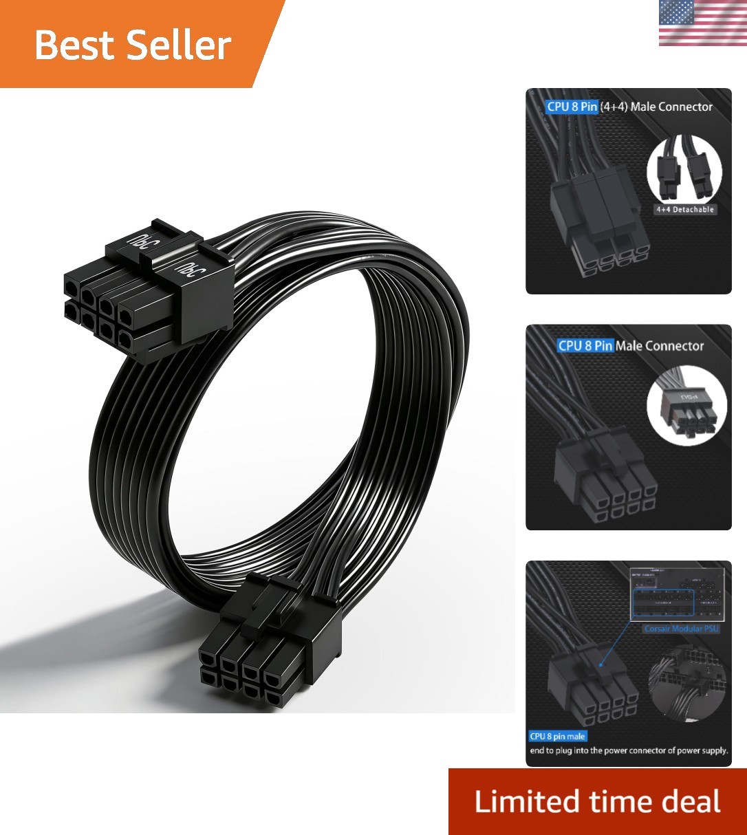 Optimal Performance 8 Pin CPU Cable for Corsair PSUs - 63cm, Black, High Speed