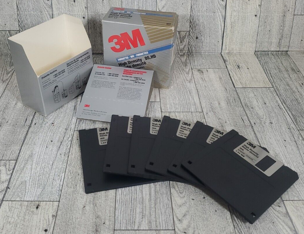 6 un-used 3M High Density DS, HD  3.5" Diskettes Formatted IBM open box Vintage