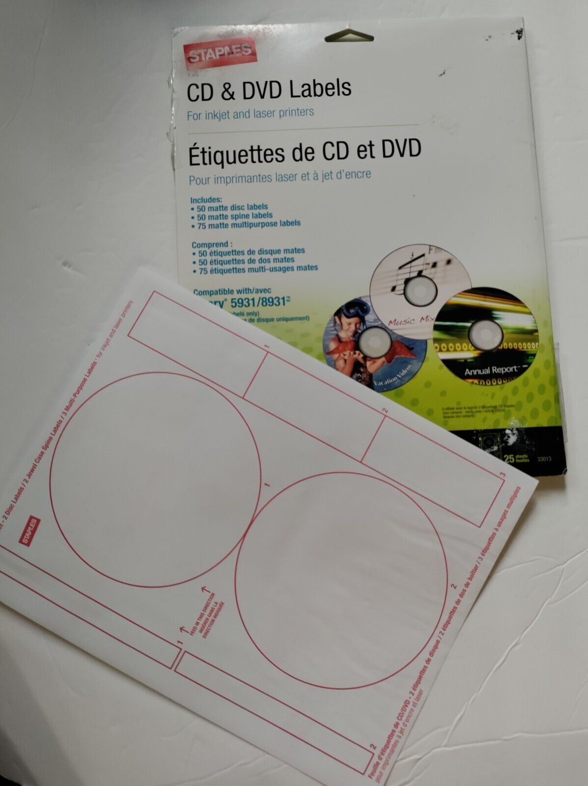 Staples Media CD & DVD Labels, White, 50/Pack 33013 For Laser Inkjet NEW