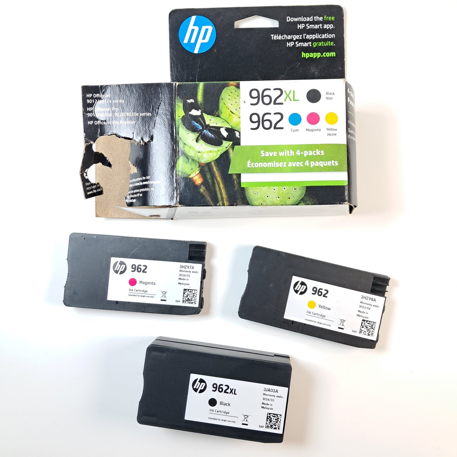 *USED* HP 3JB34AN Original Ink Cartridges - Yellow/Magenta/Black *ONLY THREE*