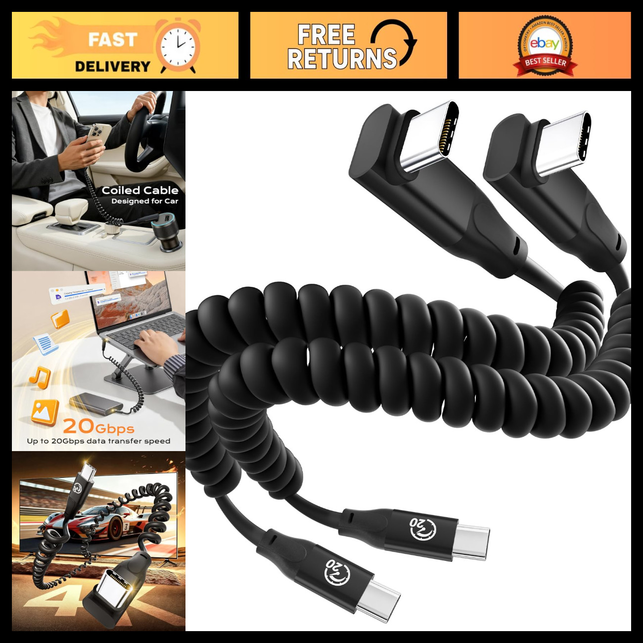 Coiled 90 Degree USB C to USB C Cable 1FT 2-Pack, Fast Charging 3.2 Gen 2 Cord