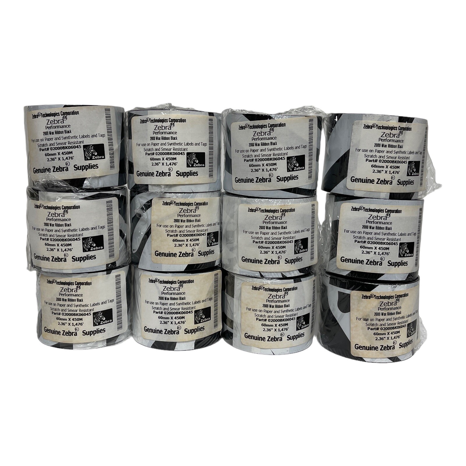 Zebra Ribbon 60mm x 450m 2.36" x 1,476' Performance 2000 Wax Ribbons Lot of 12