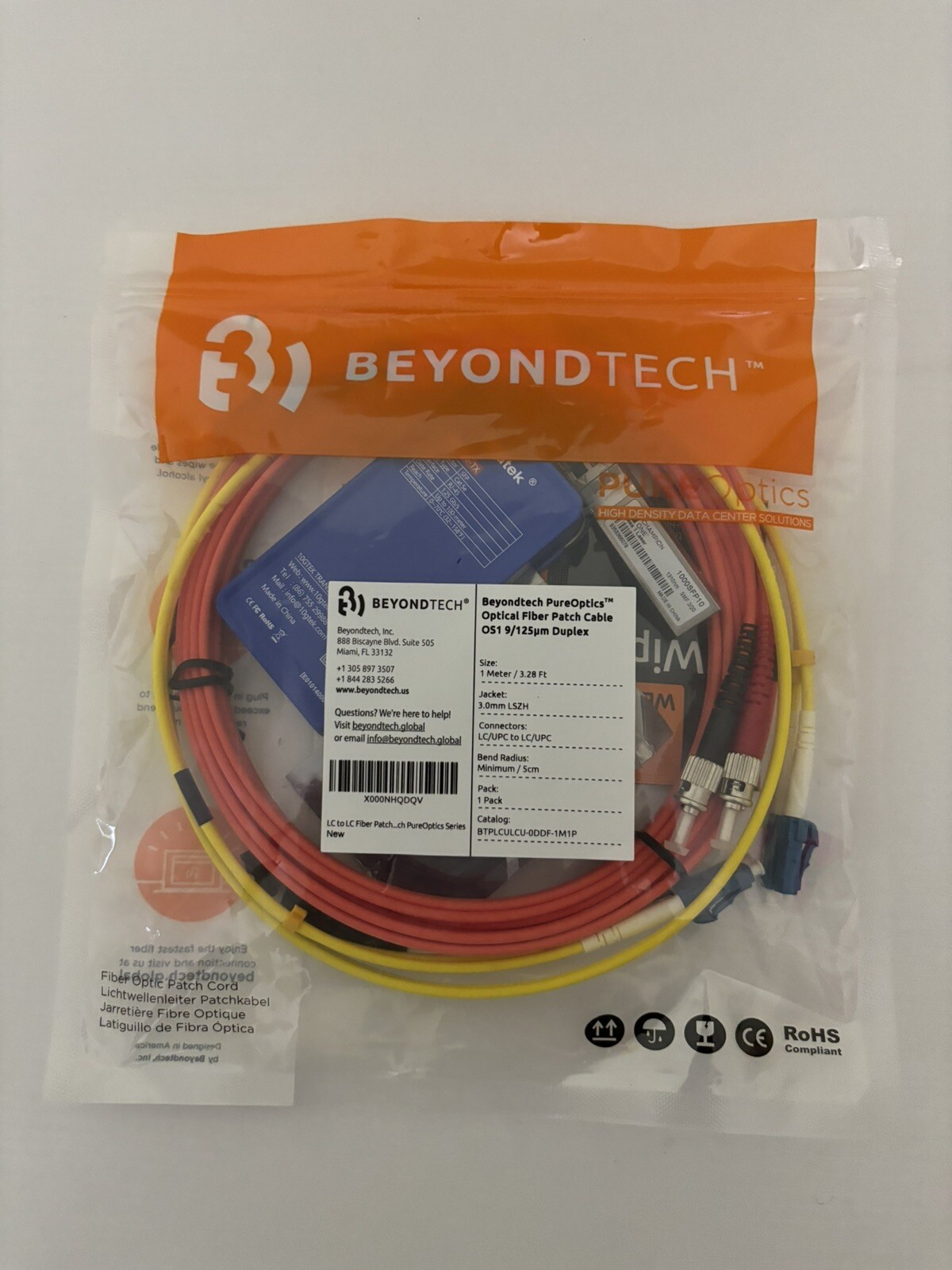 Beyondtech PureOptics Optical Fiber Patch Cable OS1 9/125um Duplex, 1 Meter