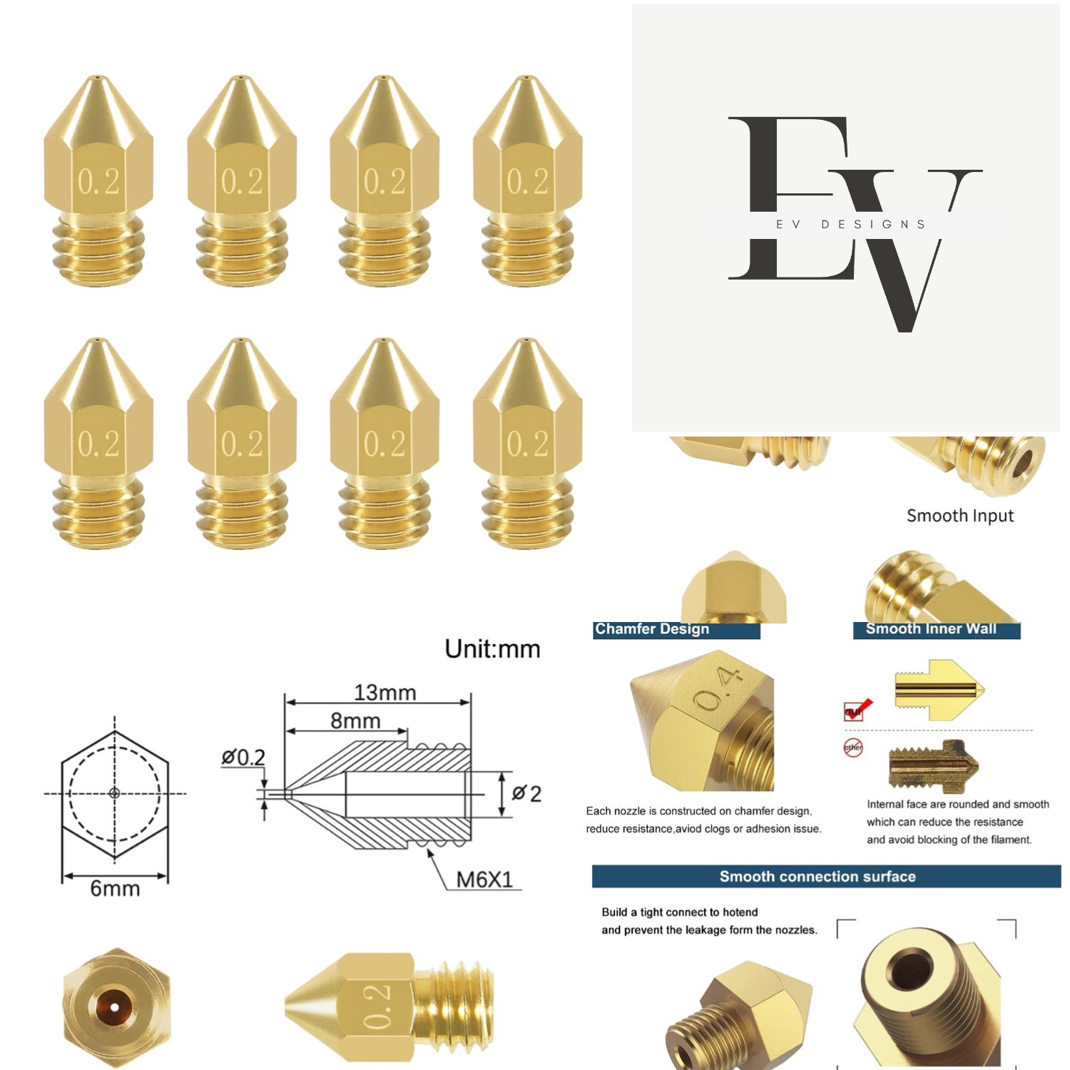 8 Pcs MK8 0.2mm Brass Extruder Nozzles - Perfect for Creality Ender Series