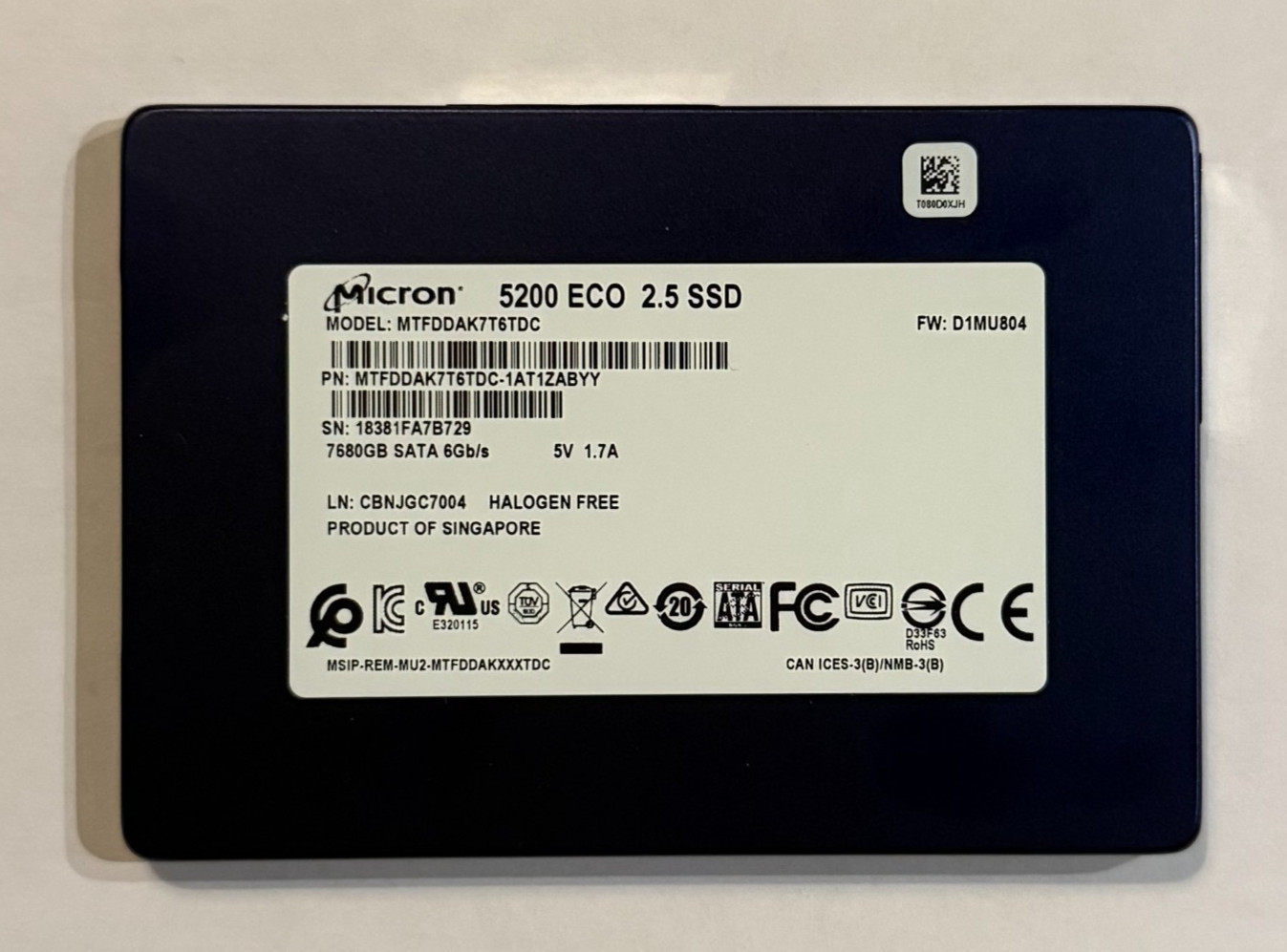 Micron 5200 ECO 7.68TB 2.5" SATA SSD MTFDDAK7T6TDC-1AT1ZABYY