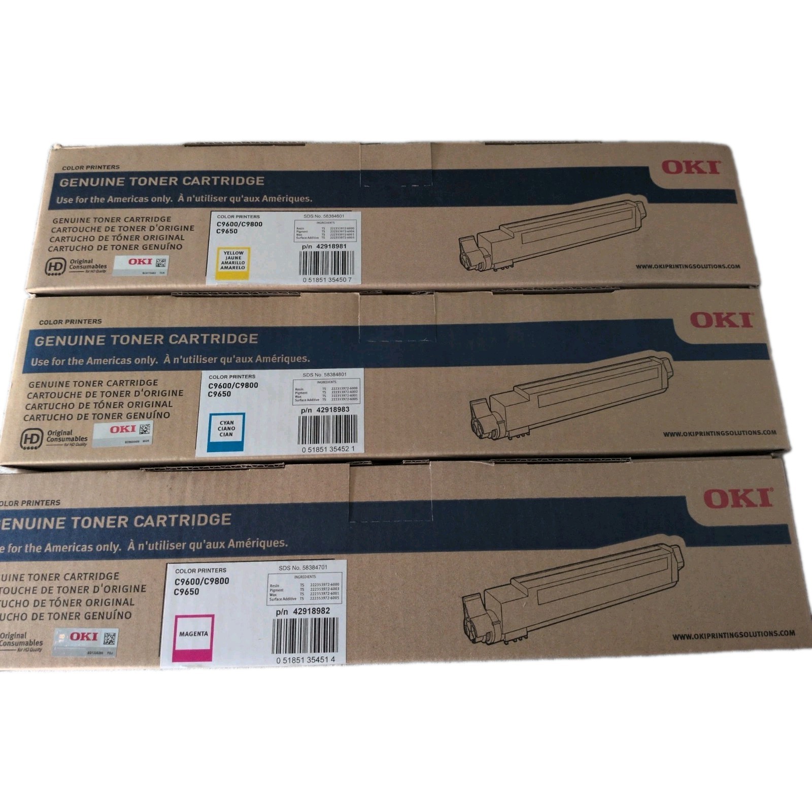 Genuine OKI C9600/C9800 **Color Set M,Y,C** Toner 42918983 42918982 42918981
