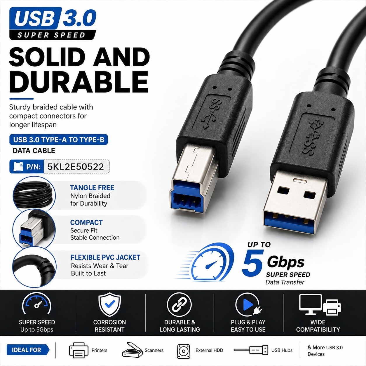 Dell USB 3.0 A Male to B Male Super Speed Data Cable A-B Cable P/N: 5KL2E50522.