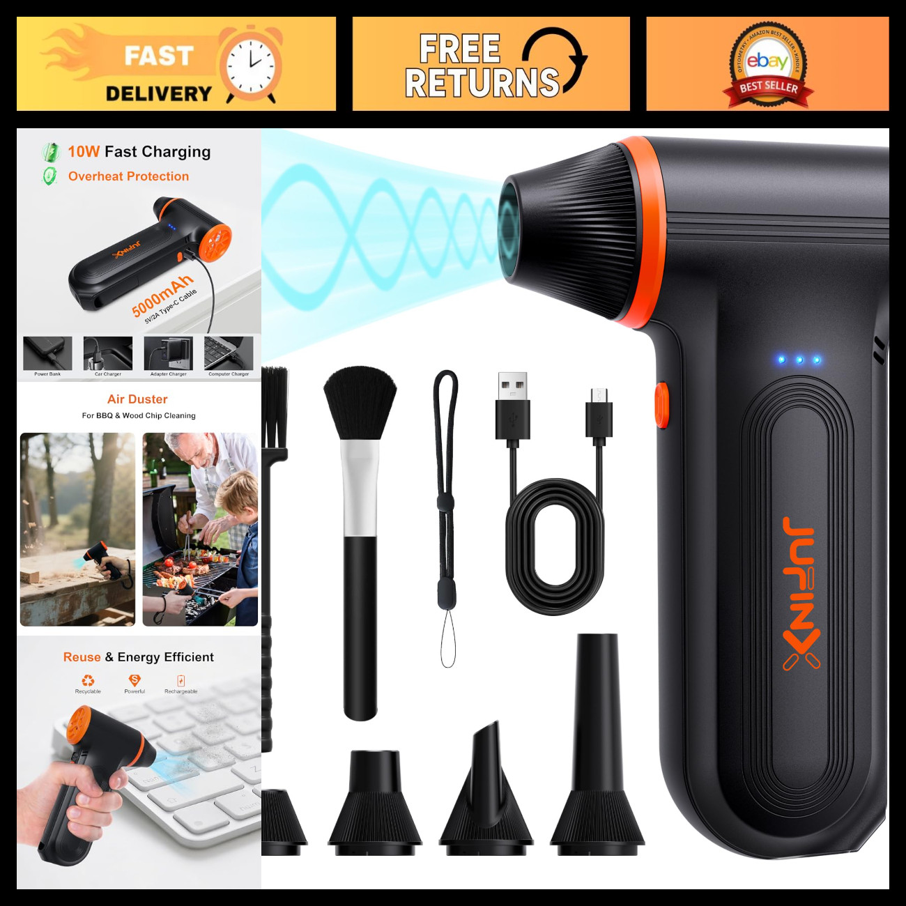 High-Power Compressed Air Duster, 150,000 RPM, 3-Speed Adjustable Blower