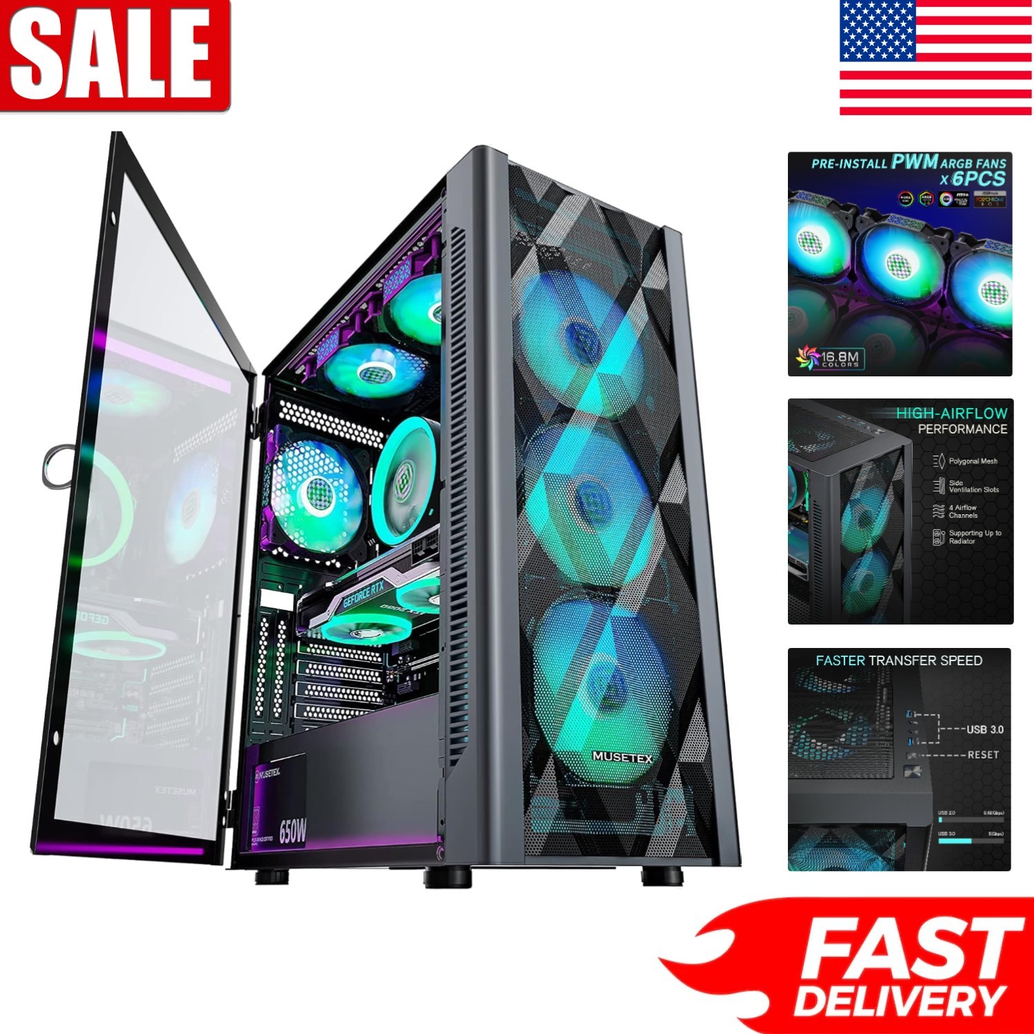 High-Performance ATX Case with 6 ARGB Fans, Tempered Glass & Easy Access - Black