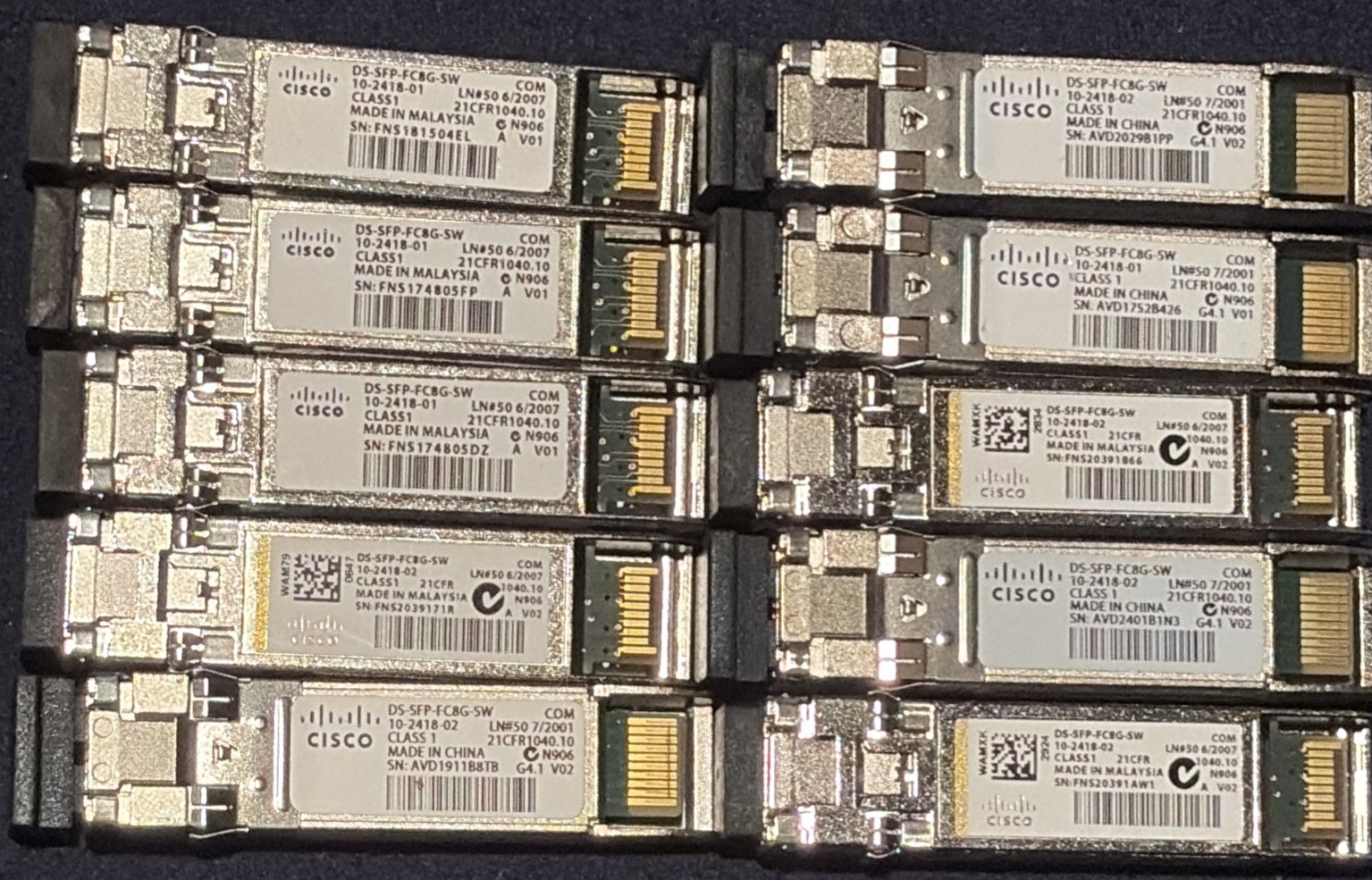 LOT OF 10 CISCO DS-SFP-FC8G-SW 10-2418-02 SFP+ FIBRE TRANCIEVER MODULE