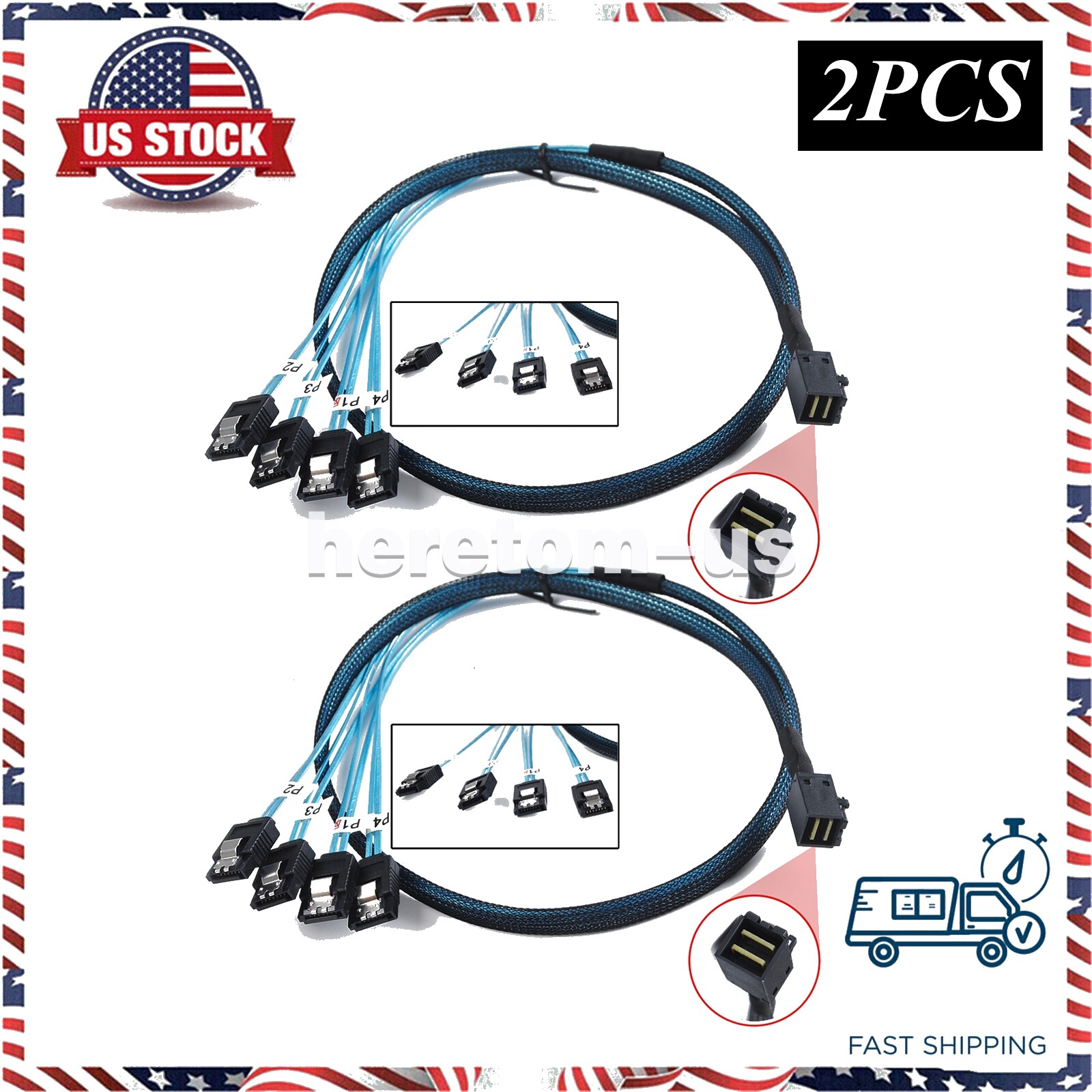 2PCS Internal Mini SAS to SATA Reverse Breakout Cable SFF-8643 to 4XSATA 7Pin