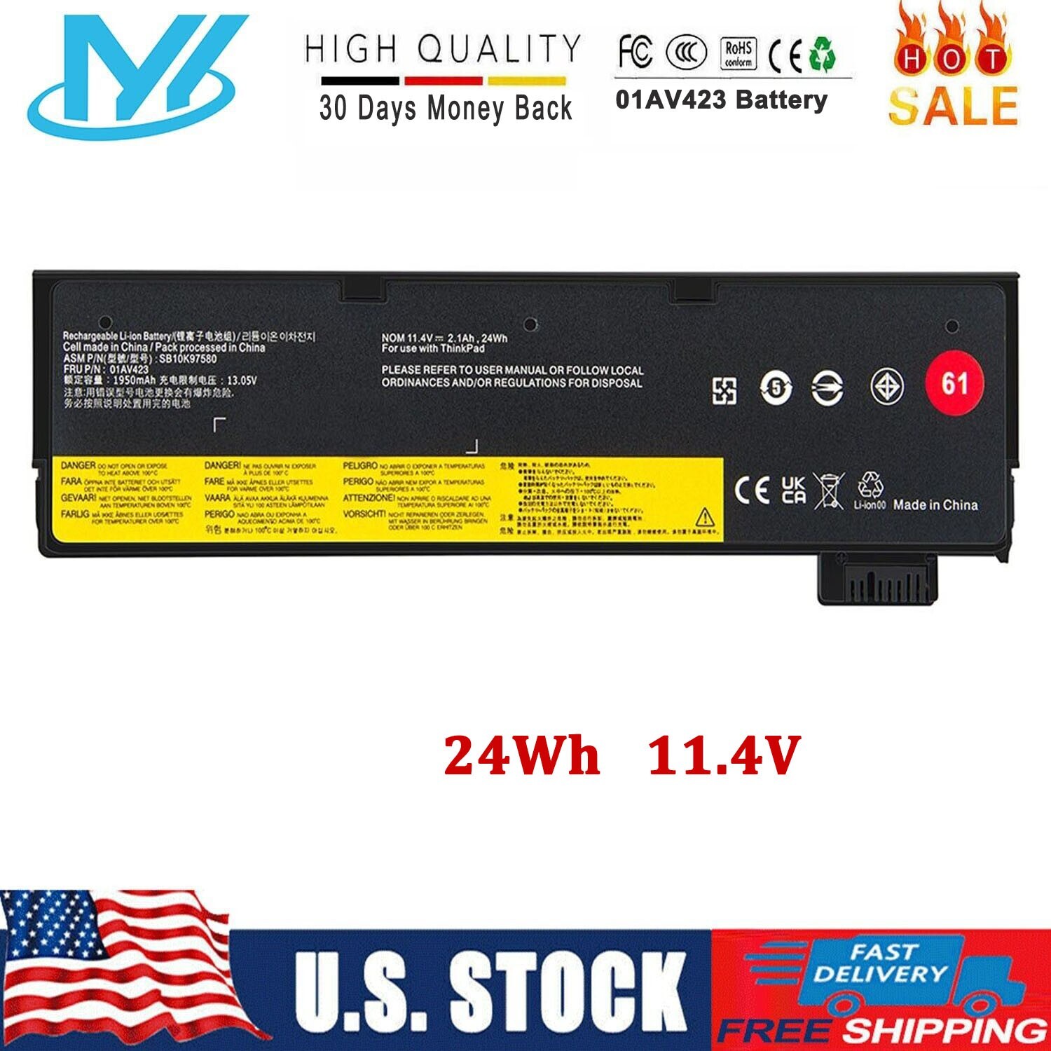 ✅61 01AV422 01AV424 Battery For Lenovo Thinkpad T470 T480 T570 T580 01AV423 24Wh