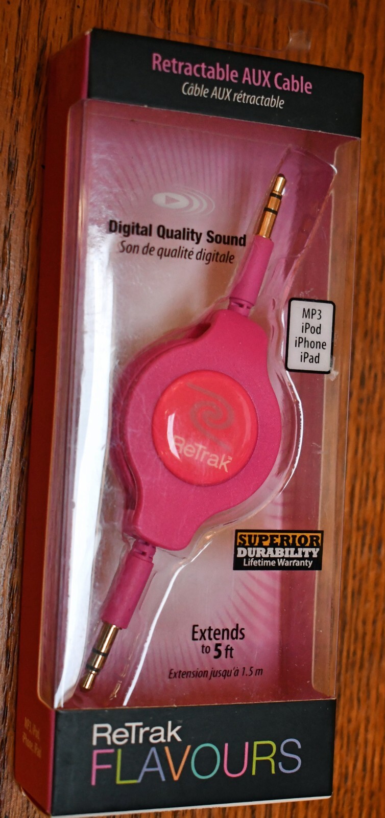 ReTrak Flavours Retractable AUX 3.5mm Audio Cable, 5ft, Pink