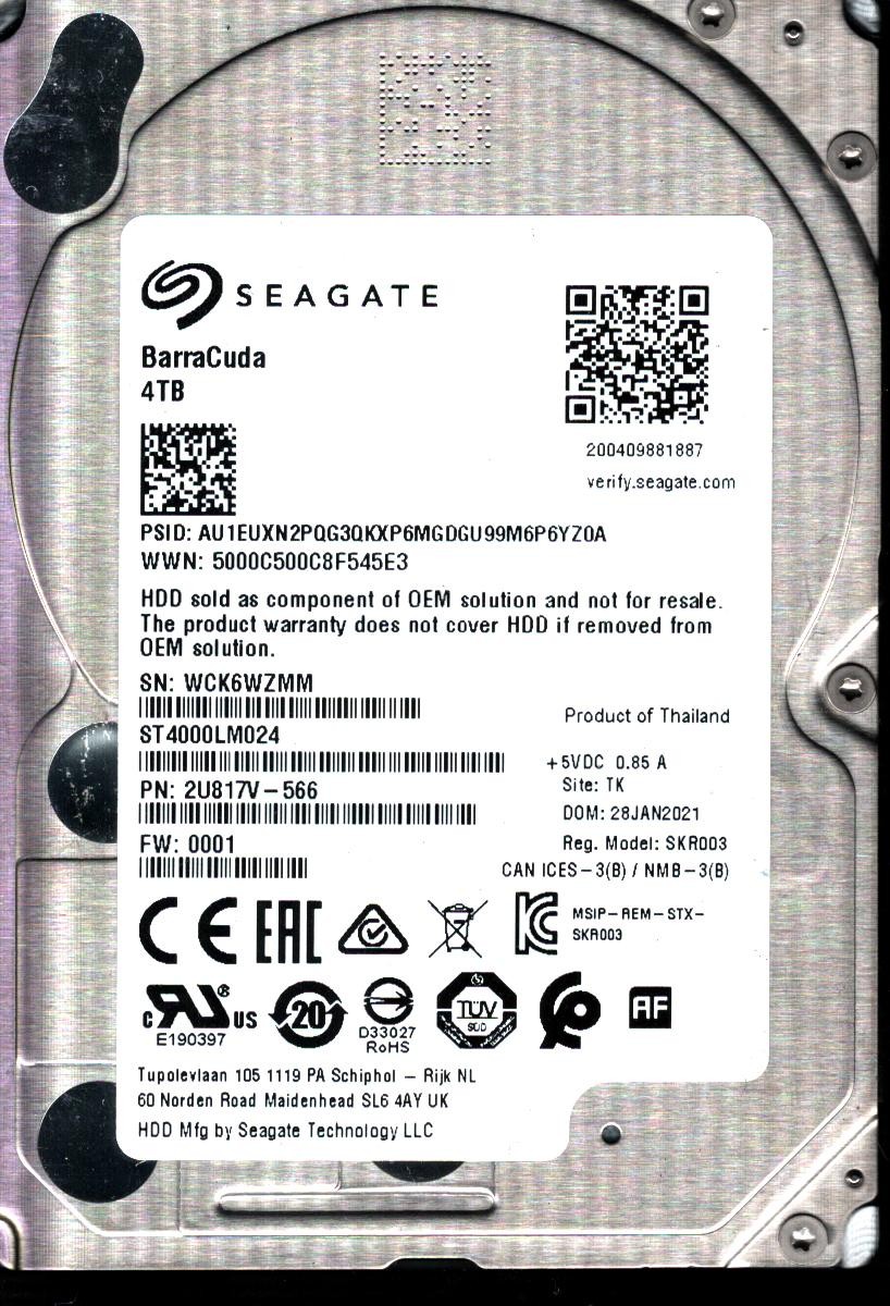 ST4000LM024 P/N: 2U817V-566 F/W: 0001 S/N: WCK6W 4TB JAN 2021 THAILAND SEAGATE