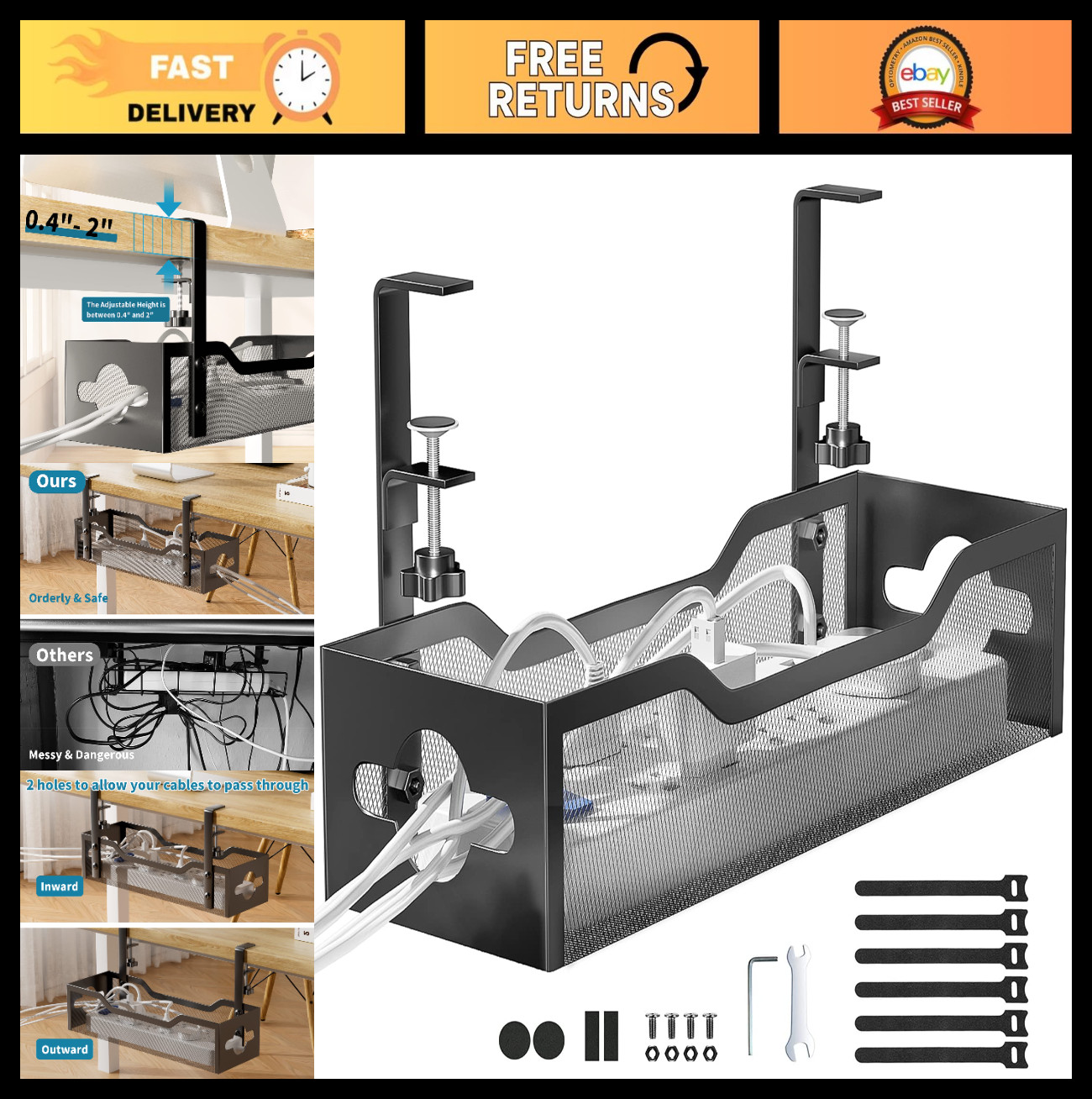 Under Desk Cable Management Tray - Metal Mesh, Clamp Mount, 2 Holes, Cord Organi