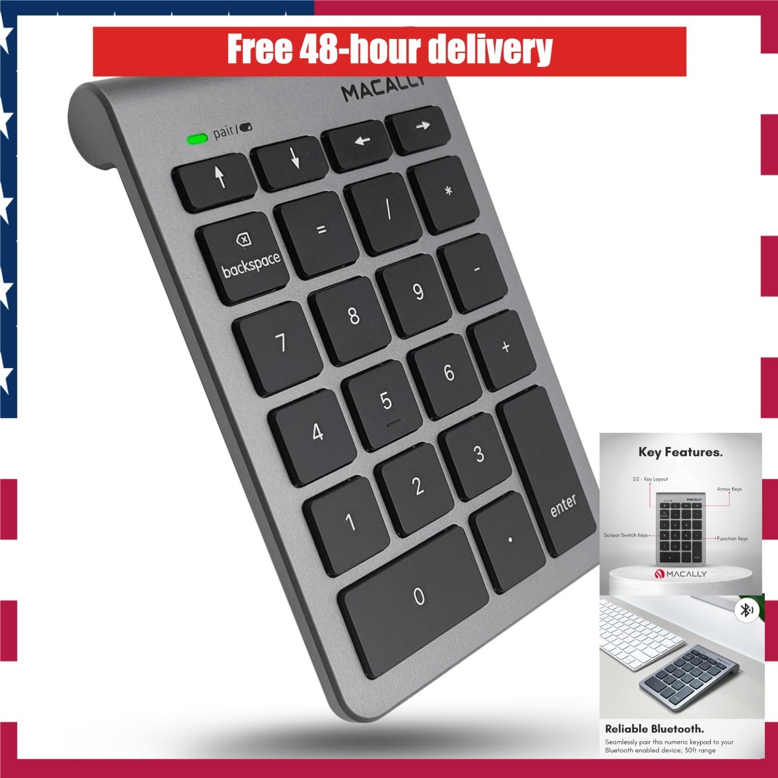 Macally Bluetooth Number Pad Wireless Numeric Keypad 22 Key for MacBook iPad PC