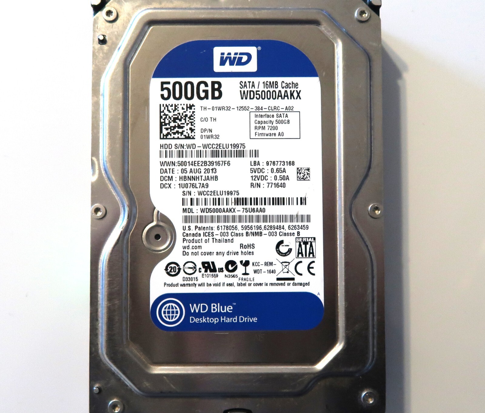 WD WD5000AAKX-75U6AA0 HBNHTJAHB (WCC2) Thailand 500gb 3.5" Sata 05AUG2013