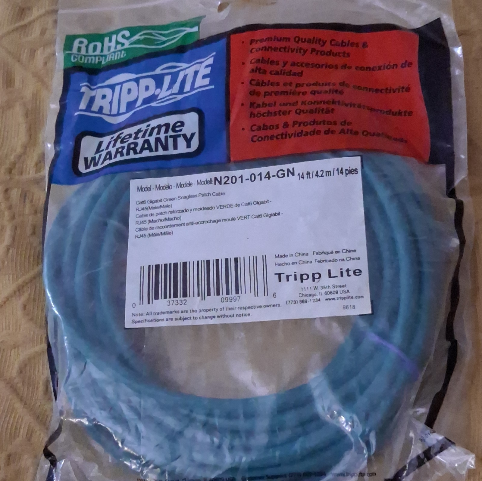Tripp Lite N201-014-GN Cat5e RJ-45 Snagless Ethernet Patch Cable 14ft Green