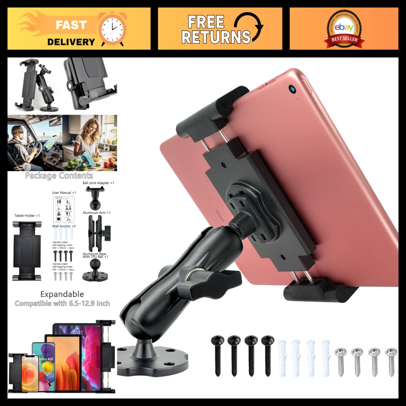 Heavy Duty Aluminum Tablet Mount for 6.5"-12.9" iPad - Drill Base, Swivel, Car/D